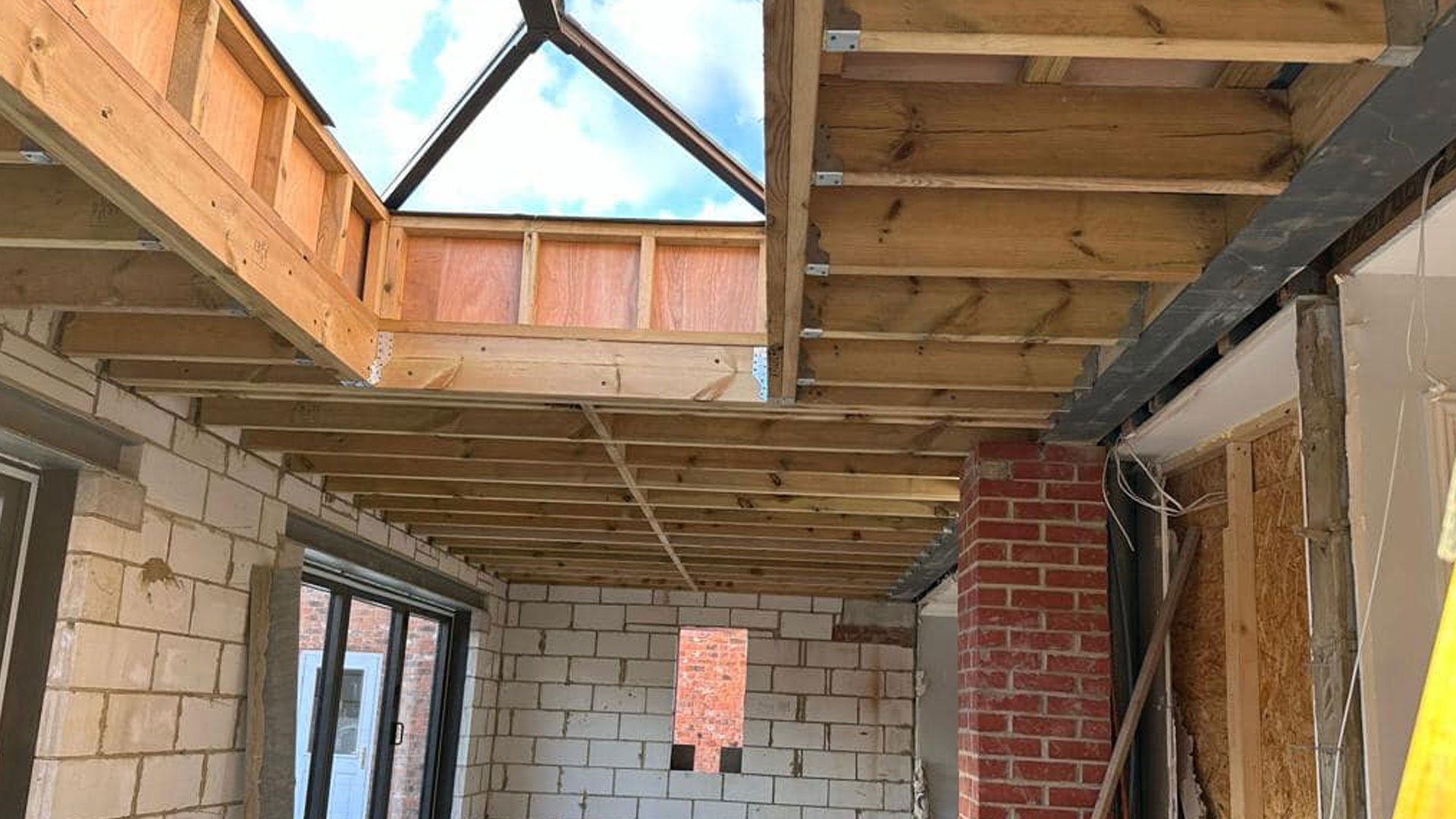A vaulted roof with a lantern going in during a rear extension build
